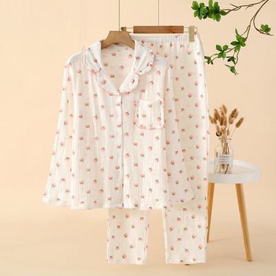 Kevadine ja sügisene uus naiste pidžaama pikkade varrukatega püksid kaheosaline komplekt 100% puuvill Crepe Cmall Loquat suur koduriiete komplekt