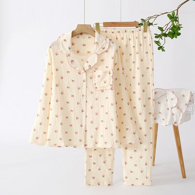 Kevadine ja sügisene uus naiste pidžaama pikkade varrukatega püksid kaheosaline komplekt 100% puuvill Crepe Cmall Loquat suur koduriiete komplekt