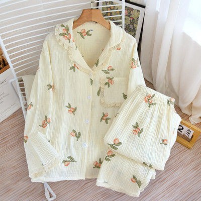 Kevadine ja sügisene uus naiste pidžaama pikkade varrukatega püksid kaheosaline komplekt 100% puuvill Crepe Cmall Loquat suur koduriiete komplekt