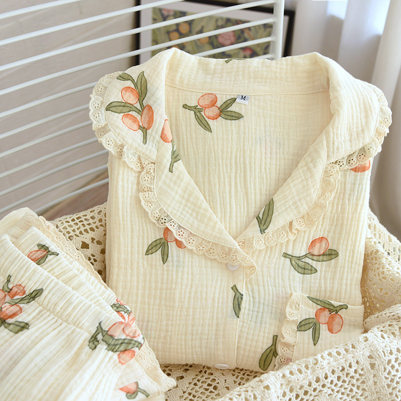 Kevadine ja sügisene uus naiste pidžaama pikkade varrukatega püksid kaheosaline komplekt 100% puuvill Crepe Cmall Loquat suur koduriiete komplekt