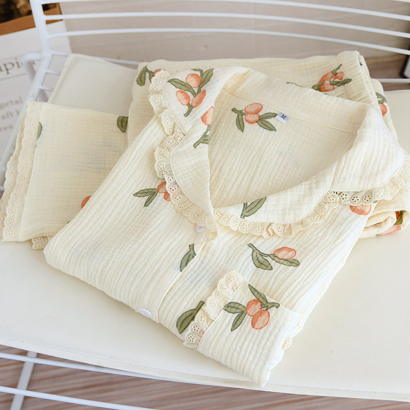 Kevadine ja sügisene uus naiste pidžaama pikkade varrukatega püksid kaheosaline komplekt 100% puuvill Crepe Cmall Loquat suur koduriiete komplekt