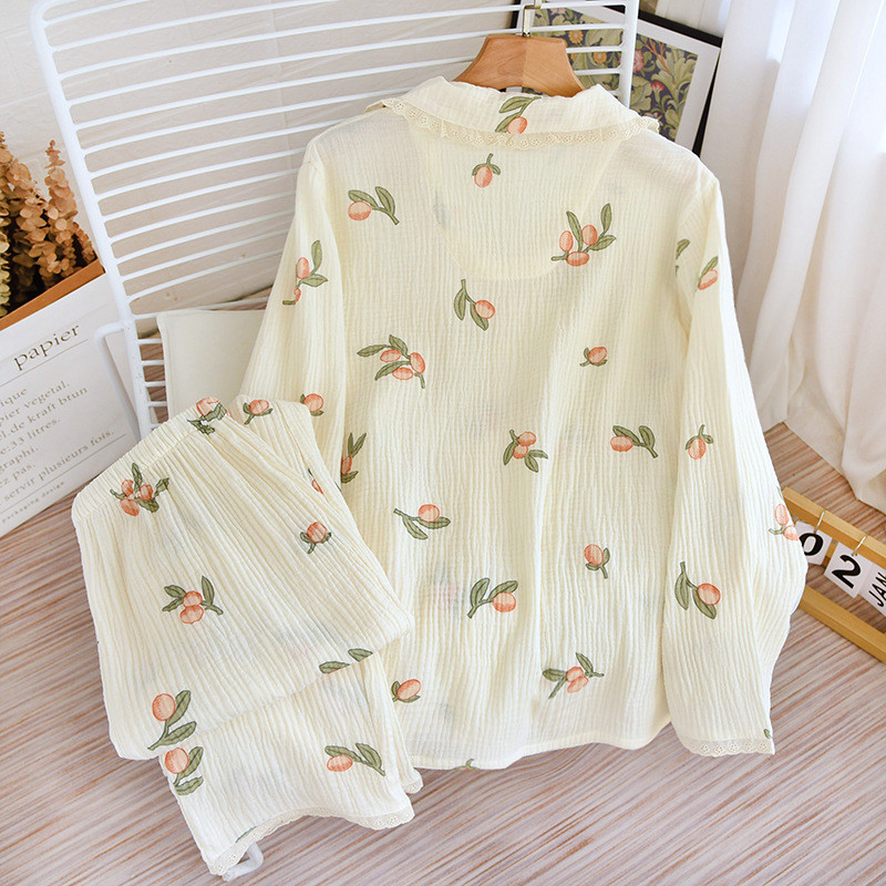 Kevadine ja sügisene uus naiste pidžaama pikkade varrukatega püksid kaheosaline komplekt 100% puuvill Crepe Cmall Loquat suur koduriiete komplekt