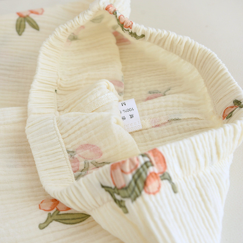 Kevadine ja sügisene uus naiste pidžaama pikkade varrukatega püksid kaheosaline komplekt 100% puuvill Crepe Cmall Loquat suur koduriiete komplekt