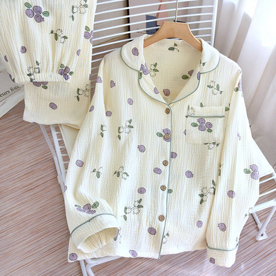 Ιαπωνική νέα άνοιξη και καλοκαίρι γυναικείες πιτζάμες κρεπ 2 τεμαχίων Μακρυμάνικο παντελόνι Blueberry Print Loose Σετ ρούχων για το σπίτι