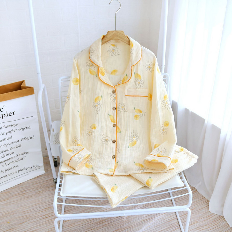 Ιαπωνική νέα άνοιξη και καλοκαίρι γυναικείες πιτζάμες κρεπ 2 τεμαχίων Μακρυμάνικο παντελόνι Blueberry Print Loose Σετ ρούχων για το σπίτι