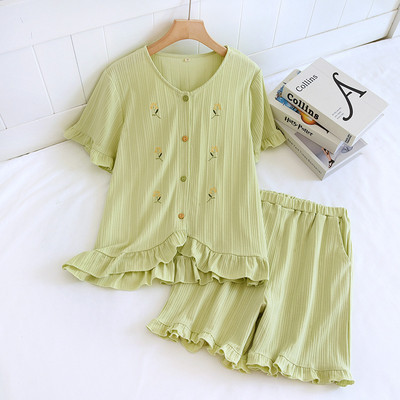 Σετ πιτζάμες 2023 Γυναικεία Βαμβακερά πλεκτά κεντήματα Δαντέλα κοντό μανίκι Γυναικεία μαλακά casual πυτζάμες με V λαιμόκοψη Homewear Pijimas