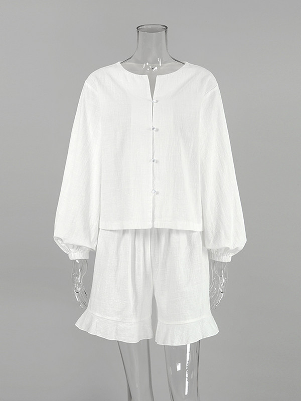 Hiloc Λευκά Βαμβακερά Πυζά Μακριά Φανάρι Νέα σε ασορτί σετ Σετ σορτς με βολάν Γυναικεία Σαλόνια με ψηλόμεσο κουμπιά