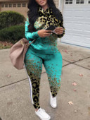 LW Plus Size Femei Toamna&Iarna Moda Sporty Culori Mixte Gât mâneci lungi Imprimeu leopard în dungi Set pantaloni din două piese