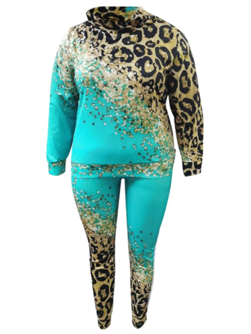 LW Plus Size Femei Toamna&Iarna Moda Sporty Culori Mixte Gât mâneci lungi Imprimeu leopard în dungi Set pantaloni din două piese