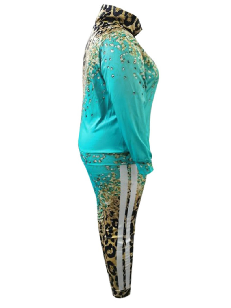 LW Plus Size Femei Toamna&Iarna Moda Sporty Culori Mixte Gât mâneci lungi Imprimeu leopard în dungi Set pantaloni din două piese