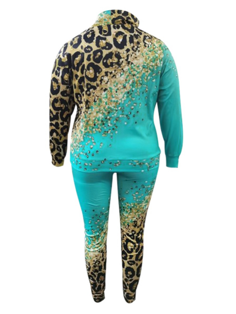 LW Plus Size Femei Toamna&Iarna Moda Sporty Culori Mixte Gât mâneci lungi Imprimeu leopard în dungi Set pantaloni din două piese