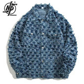 High Street Vintage τζιν μπουφάν Ανδρικό Harajuku Checker Tassel Varsity Παλτό Άνοιξη Casual Windbreaker Loose Jackets Unisex Κορεάτικο