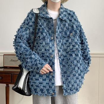 High Street Vintage Denim Jacket Men Harajuku Checker Tassel Varsity Coat Spring Ежедневна ветровка Свободни якета Унисекс корейски