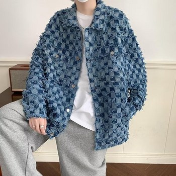 High Street Vintage Denim Jacket Men Harajuku Checker Tassel Varsity Coat Spring Ежедневна ветровка Свободни якета Унисекс корейски