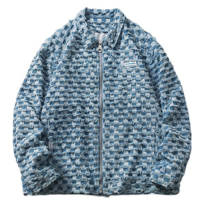 High Street Vintage τζιν μπουφάν Ανδρικό Harajuku Checker Tassel Varsity Παλτό Άνοιξη Casual Windbreaker Loose Jackets Unisex Κορεάτικο