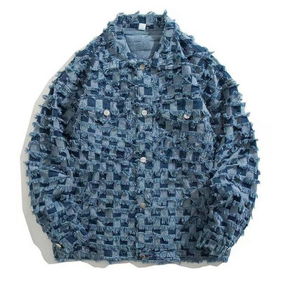 High Street Vintage τζιν μπουφάν Ανδρικό Harajuku Checker Tassel Varsity Παλτό Άνοιξη Casual Windbreaker Loose Jackets Unisex Κορεάτικο