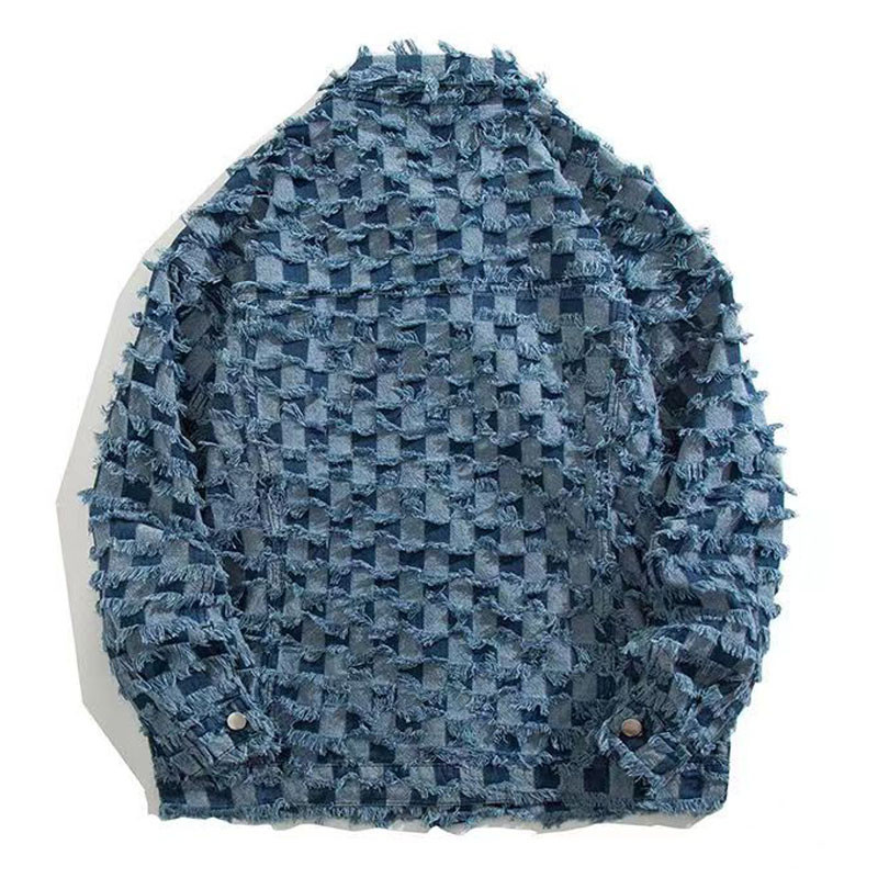 High Street Vintage τζιν μπουφάν Ανδρικό Harajuku Checker Tassel Varsity Παλτό Άνοιξη Casual Windbreaker Loose Jackets Unisex Κορεάτικο