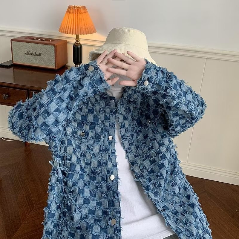 High Street Vintage τζιν μπουφάν Ανδρικό Harajuku Checker Tassel Varsity Παλτό Άνοιξη Casual Windbreaker Loose Jackets Unisex Κορεάτικο