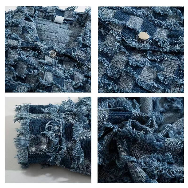 High Street Vintage τζιν μπουφάν Ανδρικό Harajuku Checker Tassel Varsity Παλτό Άνοιξη Casual Windbreaker Loose Jackets Unisex Κορεάτικο