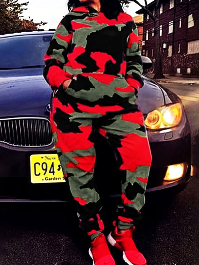 LW Plus Size Fashion Basic Femei Manecă lungă Guler cu glugă Camo Print Set de trening cu buzunar cangur