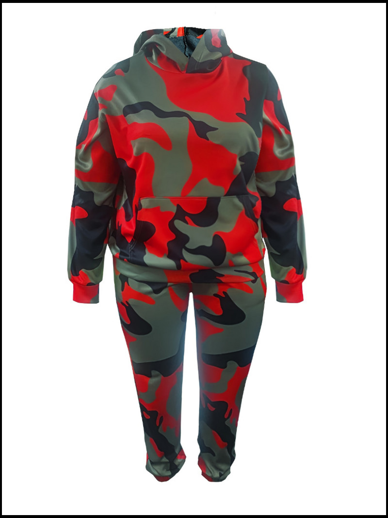 LW Plus Size Fashion Basic Femei Manecă lungă Guler cu glugă Camo Print Set de trening cu buzunar cangur