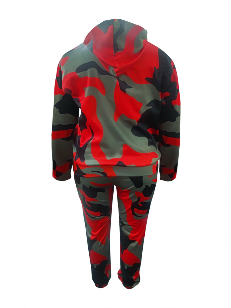 LW Plus Size Fashion Basic Femei Manecă lungă Guler cu glugă Camo Print Set de trening cu buzunar cangur