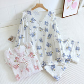 2023 Νέα γυναικεία κοστούμι πιτζάμες για άνοιξη και καλοκαίρι, μακρυμάνικο παντελόνι, 100% βαμβάκι, οικιακά ρούχα με λαιμόκοψη με λαιμόκοψη