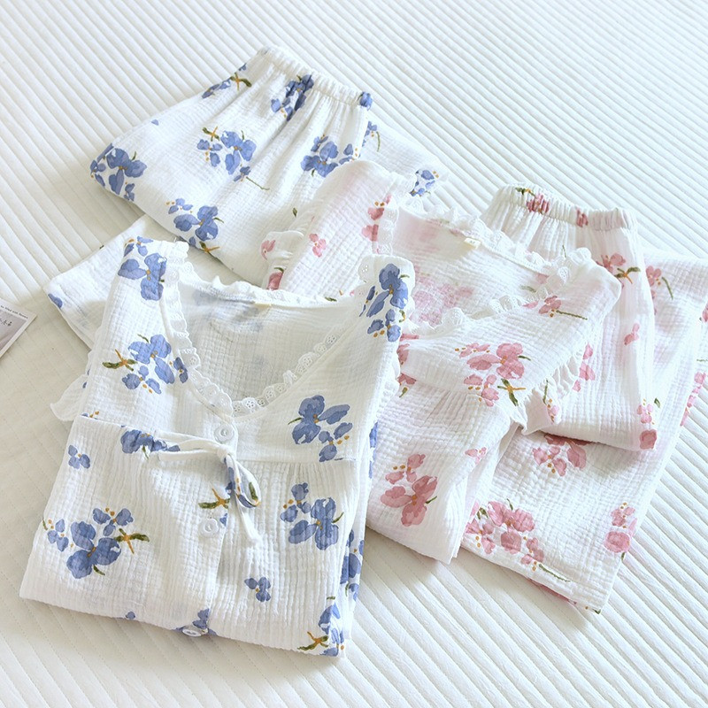 2023 Νέα γυναικεία κοστούμι πιτζάμες για άνοιξη και καλοκαίρι, μακρυμάνικο παντελόνι, 100% βαμβάκι, οικιακά ρούχα με λαιμόκοψη με λαιμόκοψη