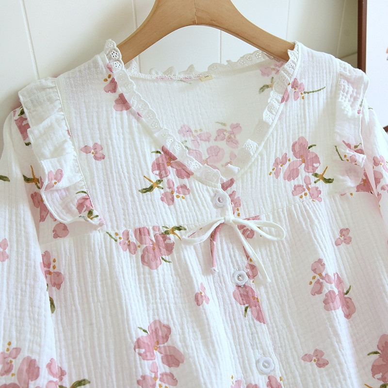 2023 Νέα γυναικεία κοστούμι πιτζάμες για άνοιξη και καλοκαίρι, μακρυμάνικο παντελόνι, 100% βαμβάκι, οικιακά ρούχα με λαιμόκοψη με λαιμόκοψη