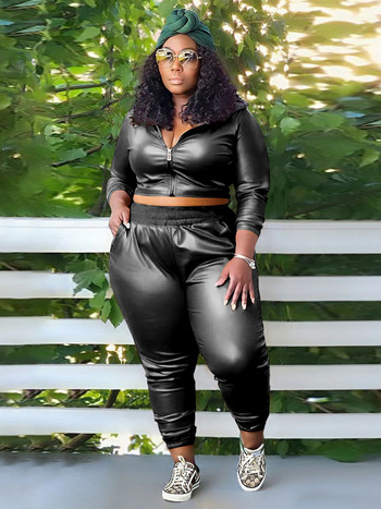 Wmstar Plus Size PU Two Piece Outfits Γυναικείες φθινοπωρινές κουκούλες Παλτό Παντελόνι Σετ Κολάν ασορτί σετ Χονδρική Dropshipping