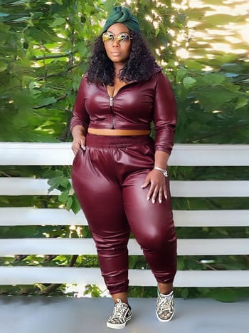 Wmstar Plus Size PU Two Piece Outfits Γυναικείες φθινοπωρινές κουκούλες Παλτό Παντελόνι Σετ Κολάν ασορτί σετ Χονδρική Dropshipping