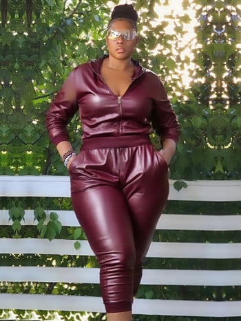 Wmstar Plus Size PU Two Piece Outfits Γυναικείες φθινοπωρινές κουκούλες Παλτό Παντελόνι Σετ Κολάν ασορτί σετ Χονδρική Dropshipping