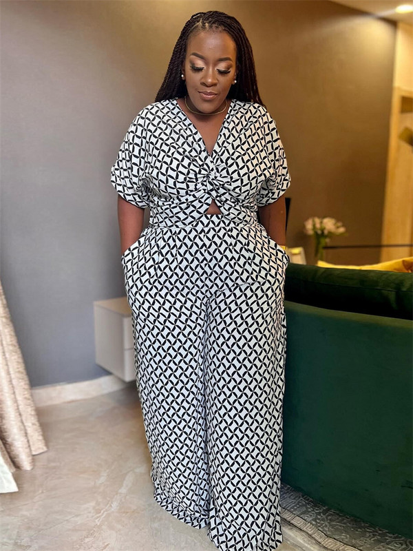 Wmsatar Plus Size Two Piece Σετ Γυναικεία Μόδα Καλοκαιρινή στάμπα Crop Tops Χαλαρά σετ παντελονιών μακριά με φαρδύ πόδι Χονδρική Dropshipping 2023