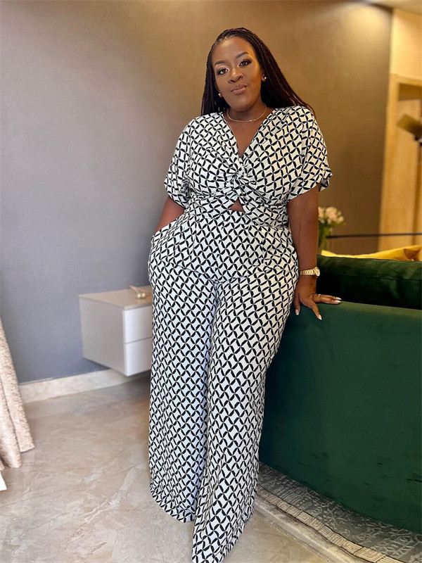 Wmsatar Plus Size Two Piece Σετ Γυναικεία Μόδα Καλοκαιρινή στάμπα Crop Tops Χαλαρά σετ παντελονιών μακριά με φαρδύ πόδι Χονδρική Dropshipping 2023