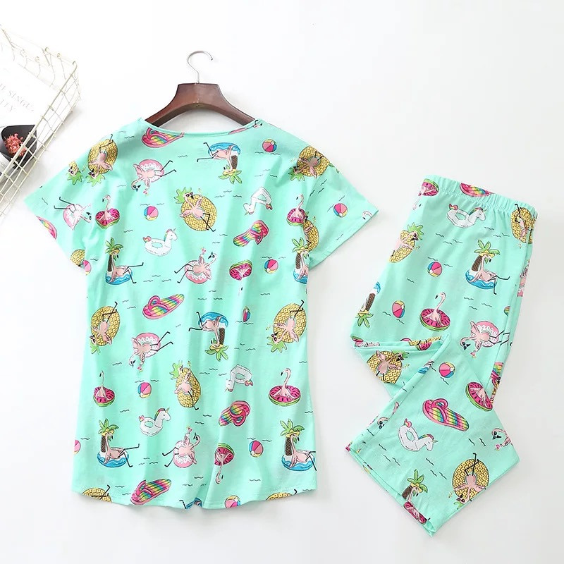 Nagy méretű kötött pamut rövid ujjú pizsama női V-nyakú karikatúra női pizsama szett Pijama Mujer női hálóruha S-XXXL méret