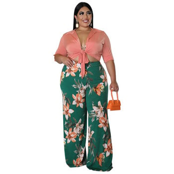 Wmstar Plus Size 2 Piece Outfits Γυναικείες Καλοκαιρινή συμπαγής επίδεσμος Crop Top Print Φαρδύ παντελόνι ασορτί σετ χονδρικής Dropshipping