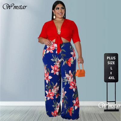 Wmstar Plus Size 2 részes ruhák női nyári Solid Bandage Crop felső Nyomtatott széles szárú nadrág megfelelő szett Nagykereskedelmi Dropshipping