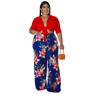 Wmstar Plus Size 2 Piese Ținute Femei Vară Solid Bandage Crop Top Imprimat Pantaloni Largi Set Potrivire En-gros Dropshipping