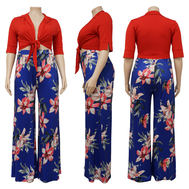 Wmstar Plus Size 2 Piece Outfits Γυναικείες Καλοκαιρινή συμπαγής επίδεσμος Crop Top Print Φαρδύ παντελόνι ασορτί σετ χονδρικής Dropshipping