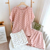 Ιαπωνικό Νέο Σετ Γυναικείες Πιτζάμες Άνοιξη Καλοκαίρι 100% βαμβακερό κρεπ Love Κοντό μανίκι δύο τεμάχια Γυναικείο πουλόβερ Ρούχα για το σπίτι