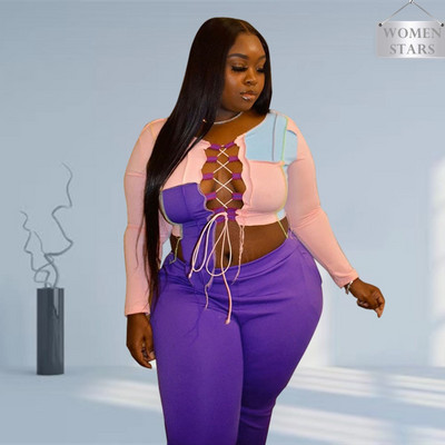 Plus Size 2 Piece outfits Γυναικείες σέξι επίδεσμοι Crop top παντελόνια Hollow Out Soft Fabric Club Streetwear Χονδρική Dropshipping