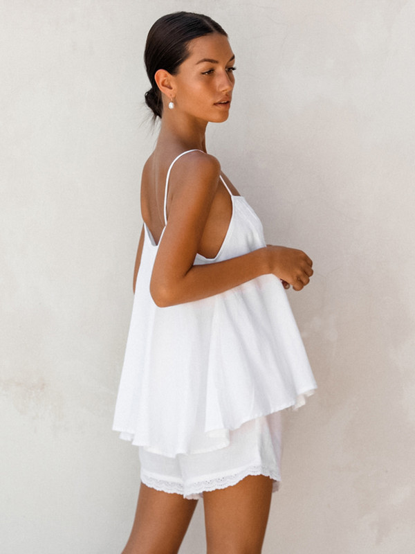 Linad Βαμβακερά γυναικεία νυχτικά 2 τεμαχίων σετ Λευκή σπαγγέτι πιτζάμες με λουράκι Γυναικείες καθημερινές φόρμες για το σπίτι με σορτς Καλοκαίρι 2023