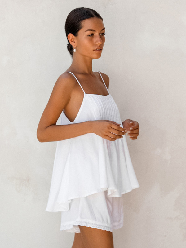 Linad Βαμβακερά γυναικεία νυχτικά 2 τεμαχίων σετ Λευκή σπαγγέτι πιτζάμες με λουράκι Γυναικείες καθημερινές φόρμες για το σπίτι με σορτς Καλοκαίρι 2023