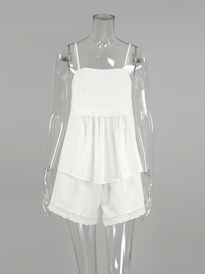 Linad Βαμβακερά γυναικεία νυχτικά 2 τεμαχίων σετ Λευκή σπαγγέτι πιτζάμες με λουράκι Γυναικείες καθημερινές φόρμες για το σπίτι με σορτς Καλοκαίρι 2023