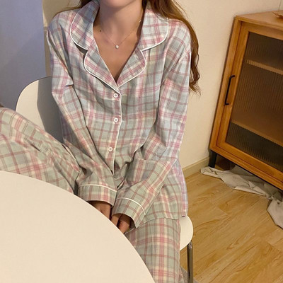 Σετ πιτζάμες Γυναικείο μακρυμάνικο γυριστό γιακά Κομψό γλυκό εκτύπωσης Μαλακές τσέπες με μονό στήθος Άνοιξη φθινόπωρο ύπνος Γυναικείο