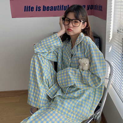 Σετ πιτζάμες Γυναικείο μακρυμάνικο γυριστό γιακά Κομψό γλυκό εκτύπωσης Μαλακές τσέπες με μονό στήθος Άνοιξη φθινόπωρο ύπνος Γυναικείο