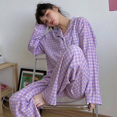 Σετ πιτζάμες Γυναικείο μακρυμάνικο γυριστό γιακά Κομψό γλυκό εκτύπωσης Μαλακές τσέπες με μονό στήθος Άνοιξη φθινόπωρο ύπνος Γυναικείο