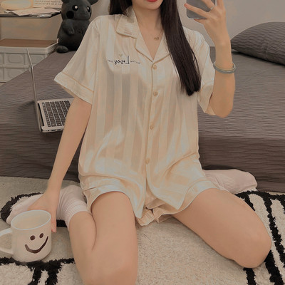 CAIYIER Καλοκαιρινό μονόχρωμο Σετ Πιτζάμες Ζακέτα με κοντό μανίκι Πυτζάμες Casual Γυναικεία Ανδρικά Μεταξωτά Μαλακά Νυχτικά