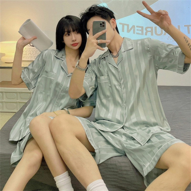 CAIYIER Καλοκαιρινό μονόχρωμο Σετ Πιτζάμες Ζακέτα με κοντό μανίκι Πυτζάμες Casual Γυναικεία Ανδρικά Μεταξωτά Μαλακά Νυχτικά