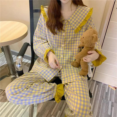 Γλυκά μακρυμάνικα σετ πιτζάμες Γυναικείες χαλαρές, κομψές, μονόπλευρες ενδύματα σπιτιού Δημοφιλή χαριτωμένα νυχτικά πριγκίπισσας με φιόγκο